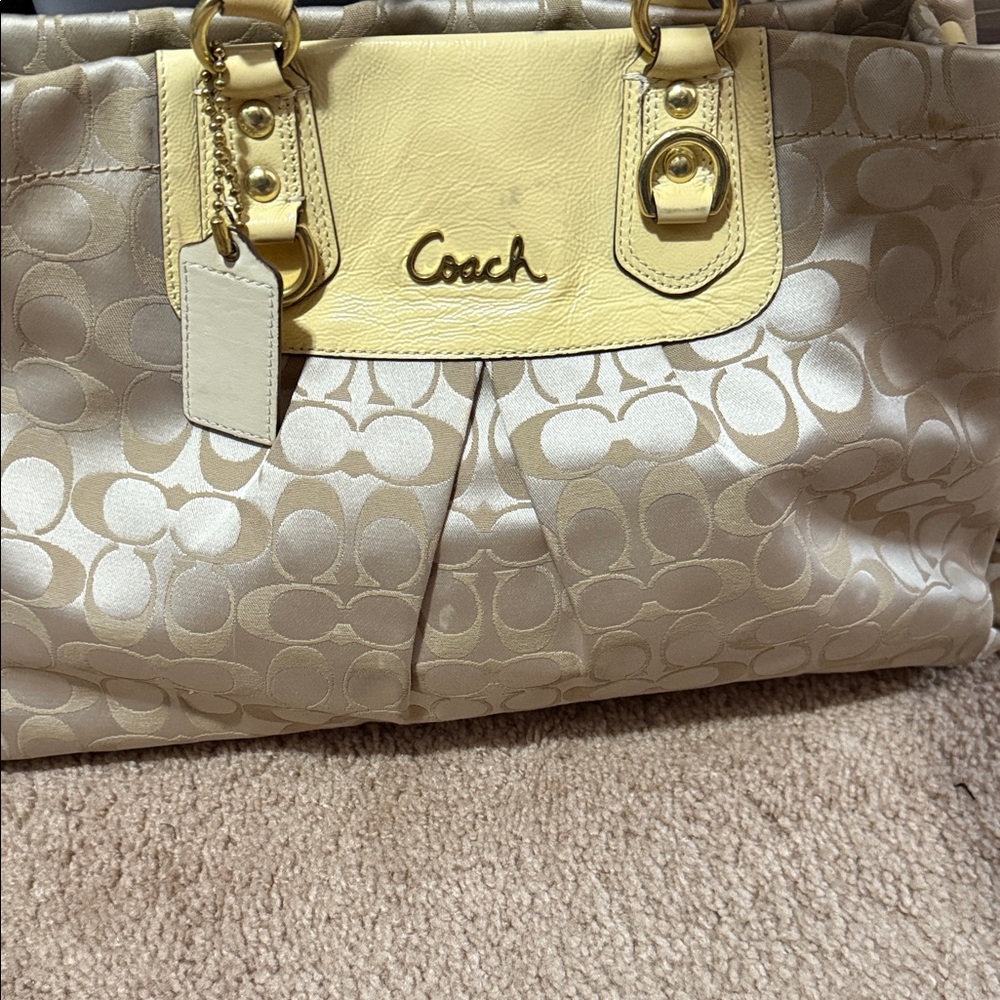 Coach Satin Signature Tote with Pale Yellow Leather Trim